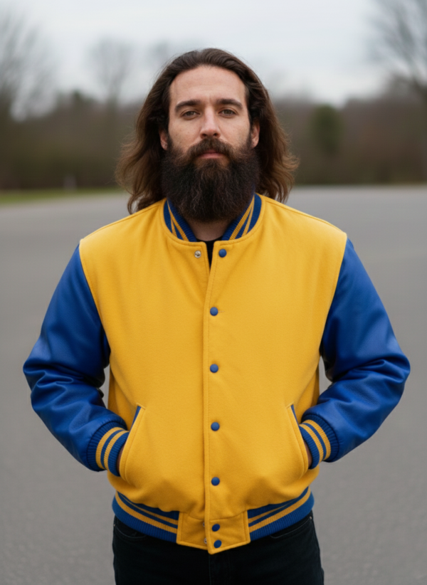 yellow blue varsity jacket